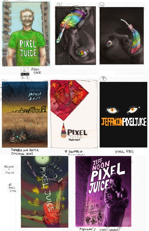 Jeff Noon's Pixel Juice book cover roughs