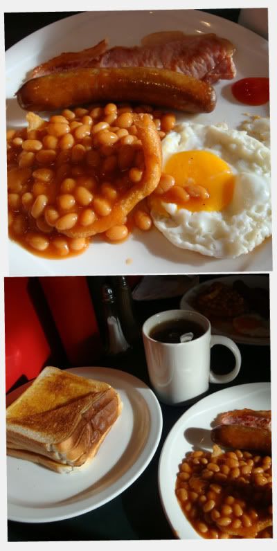 Londres london petit dej dejeuner english breakfast raffles saucisse bacon oeuf plat toast the baked beans paddington manger