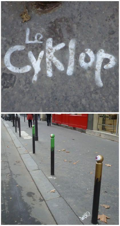 Cyclop cycklop cyklop Rue keller bastille paris performance street art artiste peinture potelet poteau anti-stationnement oeil yeux rue aena blog signature