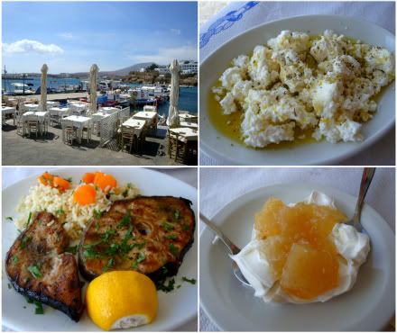 Paros – Repas au restaurant l’ouzeri Halaris à Pisso Livadi  grece cyclades paros village port piso pisso livadi restaurant resto taverne ouzeri halaris feta salade espadon filet compote fruits confits