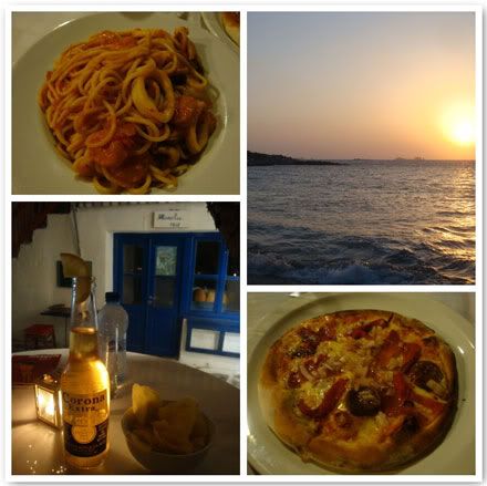  grece paros naoussa grèce naousa cyclades port coucher soleil spaghetti fruits de mer calamar moule crevette pizza