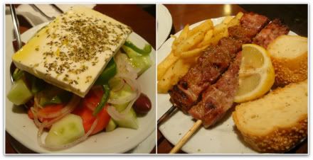 Grece Athenes repas ou manger restaurant taverne gazi salade grecque souvlaki brochette