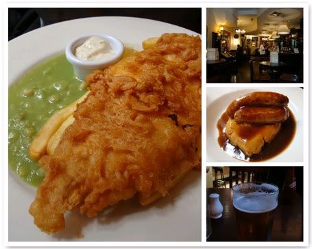 Londres London bons plans adresses pub public house bière fish chips poisson frites fish&chips sausage saucisse mash purée puree bière foster strongbow cidre
