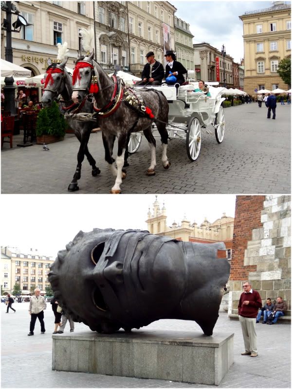 caleche balade cheval chevaux statue tete Igor Mitoraj Eros Bandato place rynek glowny cracovie krakow