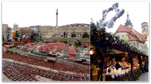 Petit train et chalets en bois au Weihnachtsmarkt de Stuttgart train petit miniature mairie sapin toit décoration decoration marche noel Stuttgart aena blog photo weihnachtsmarkt