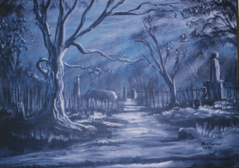 2c28nightgraveyardscene.jpg realisticron: Night graveyard. An original monochrome painting. Sold fast. Tombstone on right says',  